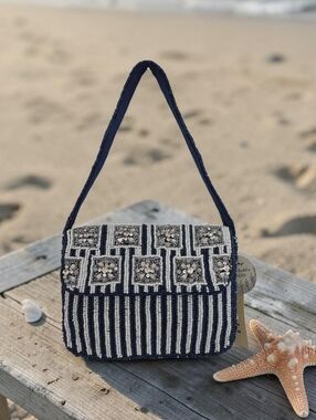 Studio 12 Navy Blue & White Rhinestone & Beaded Striped Shoulder Bag